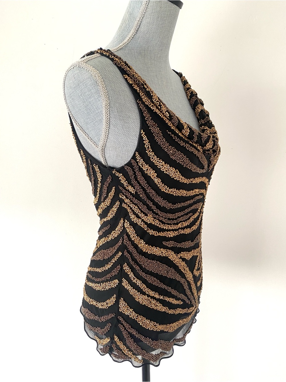 VTG Cache Black & Metallic Gold Fully Beaded Animal Print Sleeveless Blouse Sz S - Picture 3 of 12